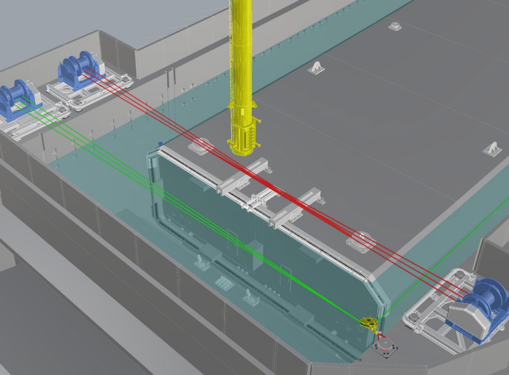 3D engineering model showing winch layout and wire routing for marine operations planning.