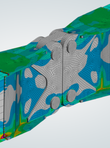 Finite element stress analysis model showing load distribution through a heavy steel beam connection.