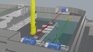 3D engineering model showing winch layout, wire routing and marine operations planning.