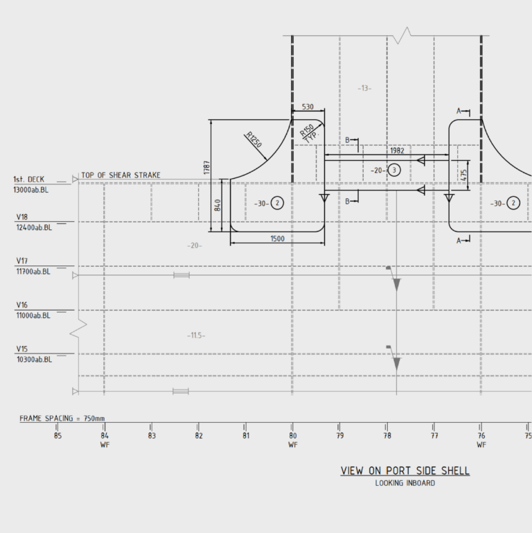 Technical engineering drawing showing port side shell view with structural cut-outs and frame spacing.