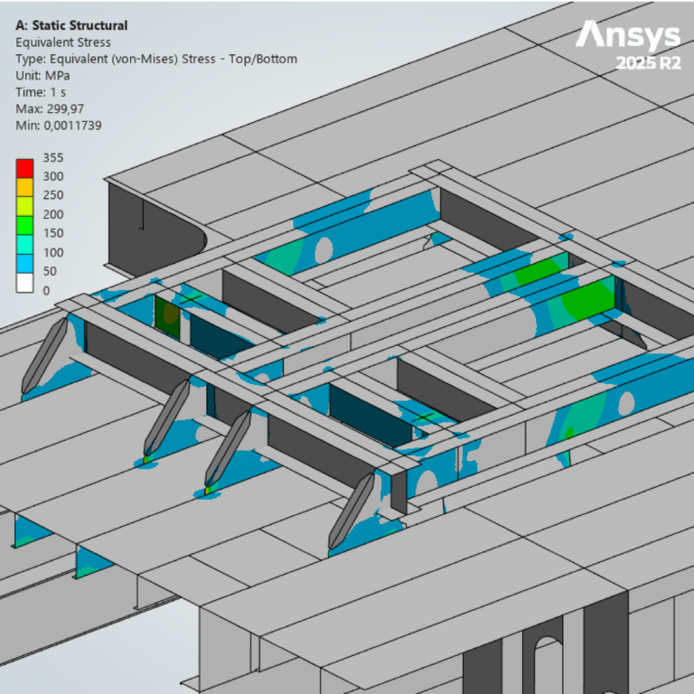 Static structural analysis model showing stress distribution on a fabricated steel support structure for a marine engineering project.