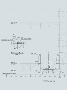 Technical engineering drawing showing structural section and weld detail.