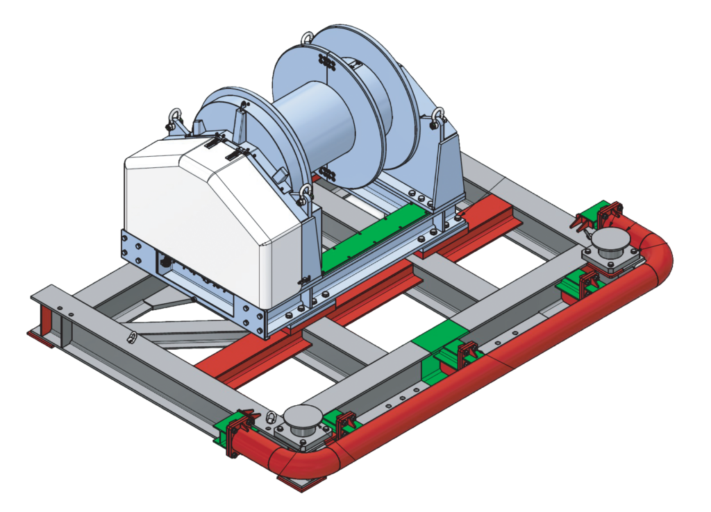 3D CAD model of a winch assembly mounted on a steel support skid.